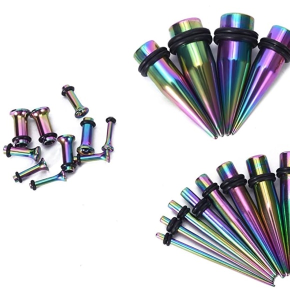 NEW Gauge Earrings Rainbow Steel 2 Tapers 2 Plugs - Picture 5 of 6